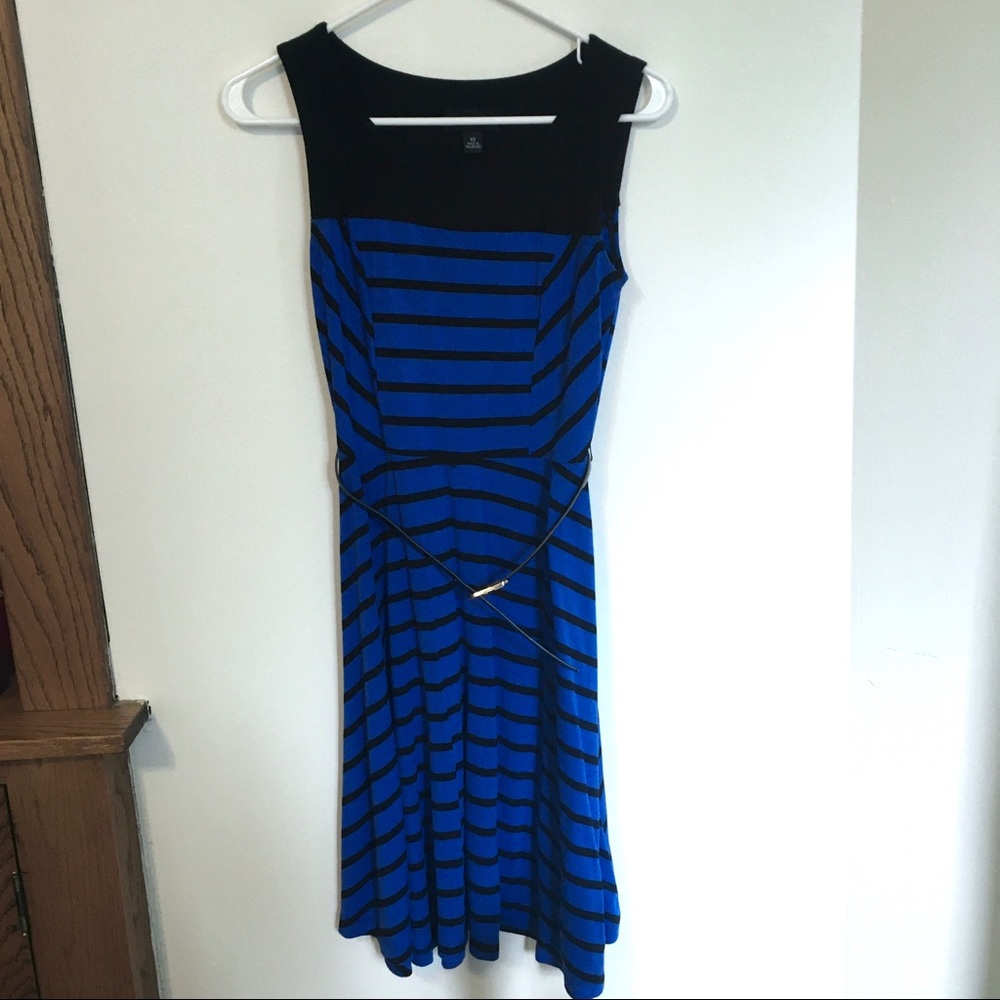 AB studio blue black striped sleeveless fit and flare dress size XS